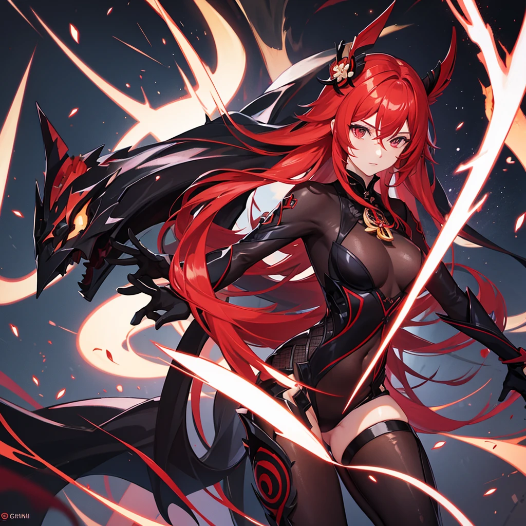 genshin impact woman, long red hair, black lether suit