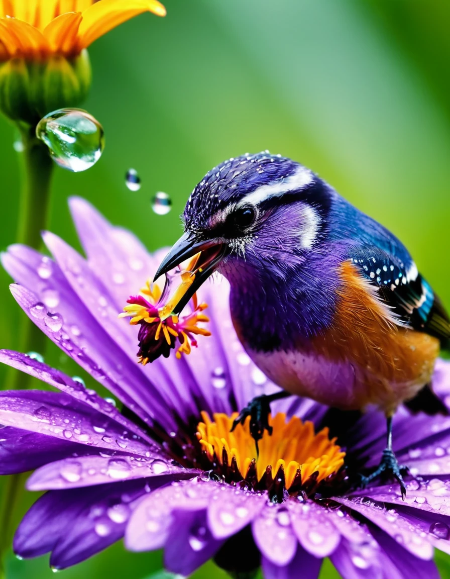 A beautiful little bird is sucking the nectar of a blooming purple flower with water droplets on it. The real picture is sharp and close. A lot with a 6 K clear camera.