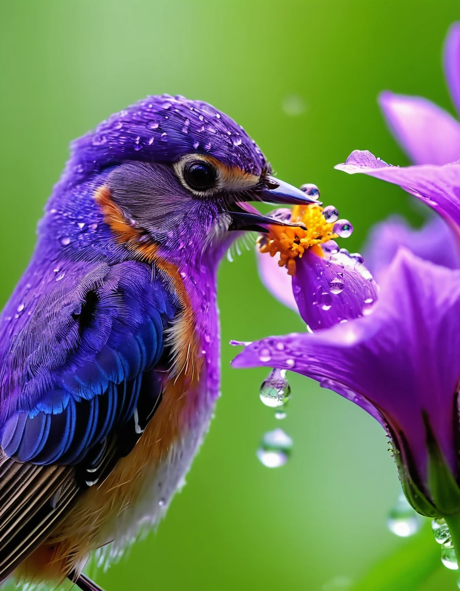 A beautiful little bird is sucking the nectar of a blooming purple flower with water droplets on it. The real picture is sharp and close. A lot with a 6 K clear camera.