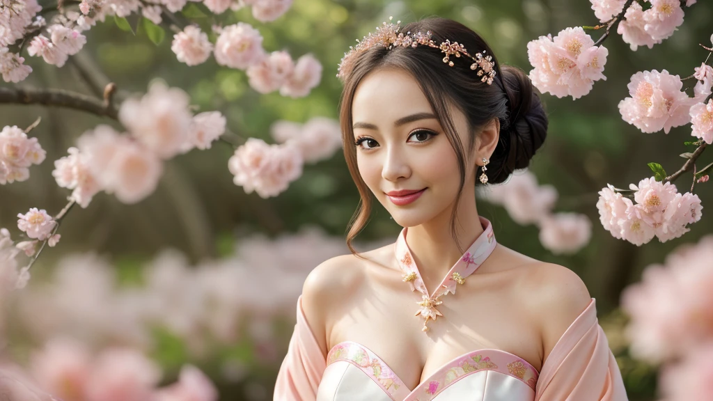 Superb Quality, Masterpiece, High Resolution, 1Girl, Blush, (Charming Smile: 0.8), Star Eyes, Chinese Hanfu, Hair Accessories, Jewelry, Beauty, on_body, Tyndall Effect, Realistic, Peach Blossom Forest, Light Edge, Two-tone Lighting, (High Detail Skin: 1.2), 8K UHD, DSLR, Soft Light, High Quality, Volume Lighting, Voyeur, Photo, High Resolution, 4K, 8K, Background Blur