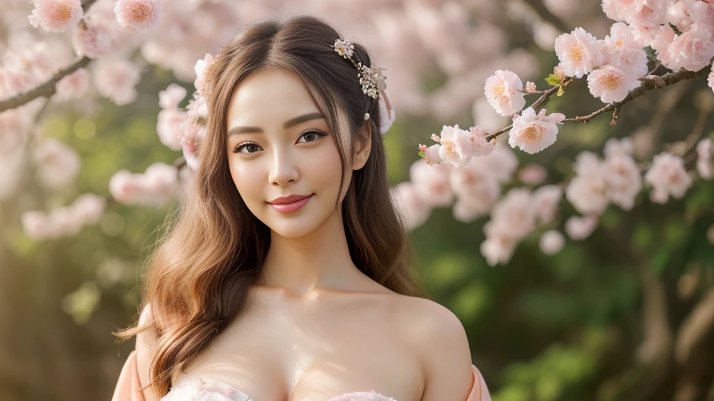 Superb Quality, Masterpiece, High Resolution, 1Girl, Blush, (Charming Smile: 0.8), Star Eyes, Chinese Hanfu, Hair Accessories, Jewelry, Beauty, on_body, Tyndall Effect, Realistic, Peach Blossom Forest, Light Edge, Two-tone Lighting, (High Detail Skin: 1.2), 8K UHD, DSLR, Soft Light, High Quality, Volume Lighting, Voyeur, Photo, High Resolution, 4K, 8K, Background Blur
