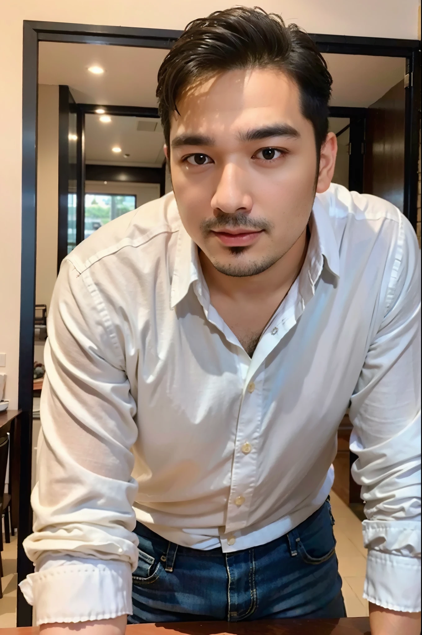 Masterpiece, best quality High resolution, realistic, handsome, beautifully photographed, syahnk SFW, 35 year old portrait. (man: 1.5) Military press, amazing weight, short buzzcut hair, stubby head. , (too much muscle ),look at the viewer,Flirting with the camera,charming (Tight white shirt ),(GS-Masculine:1), 8K UHD , standing in the dining room,