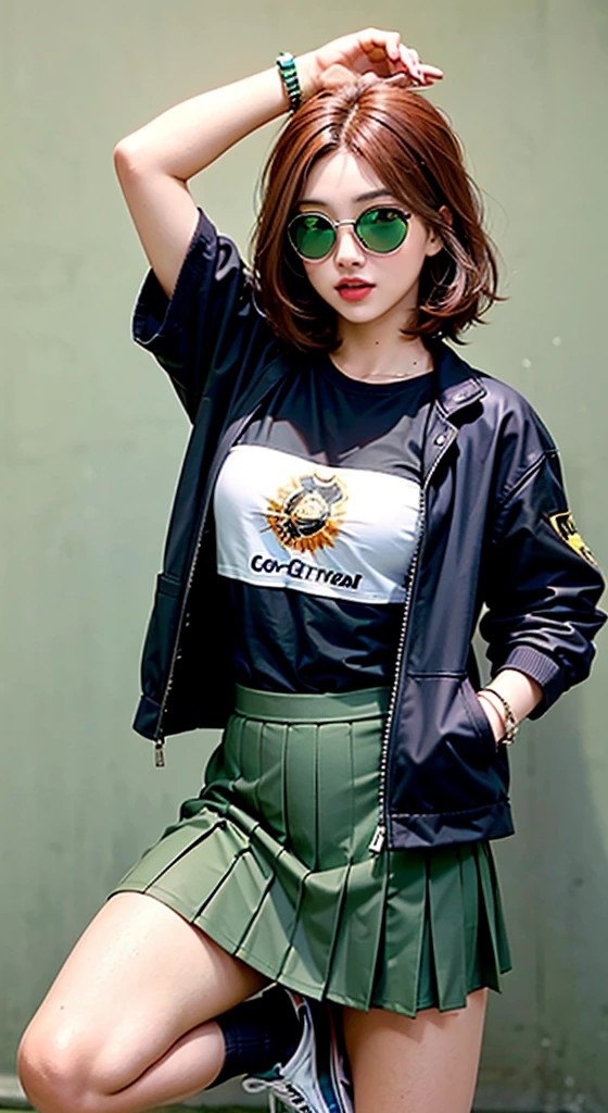 "Teenage girl with short, spiky auburn hair and vibrant green eyes. Sun-kissed skin, athletic build. Wearing a pleated skirt, fitted jacket, and sneakers. Accessories include a simple leather bracelet and aviator goggles on her head. Lively and adventurous expression."