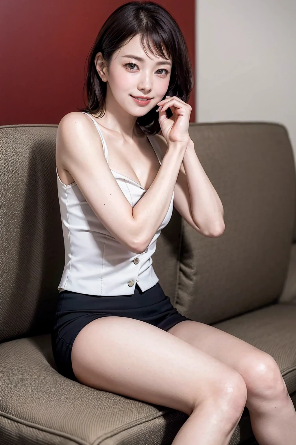 Highest quality, Pieces fly, Realistic, High resolution, 8K　RAW Photos,alone, One girl, 30 years old、Sitting cross-legged on the sofa、smile、look at me、suit、High heels