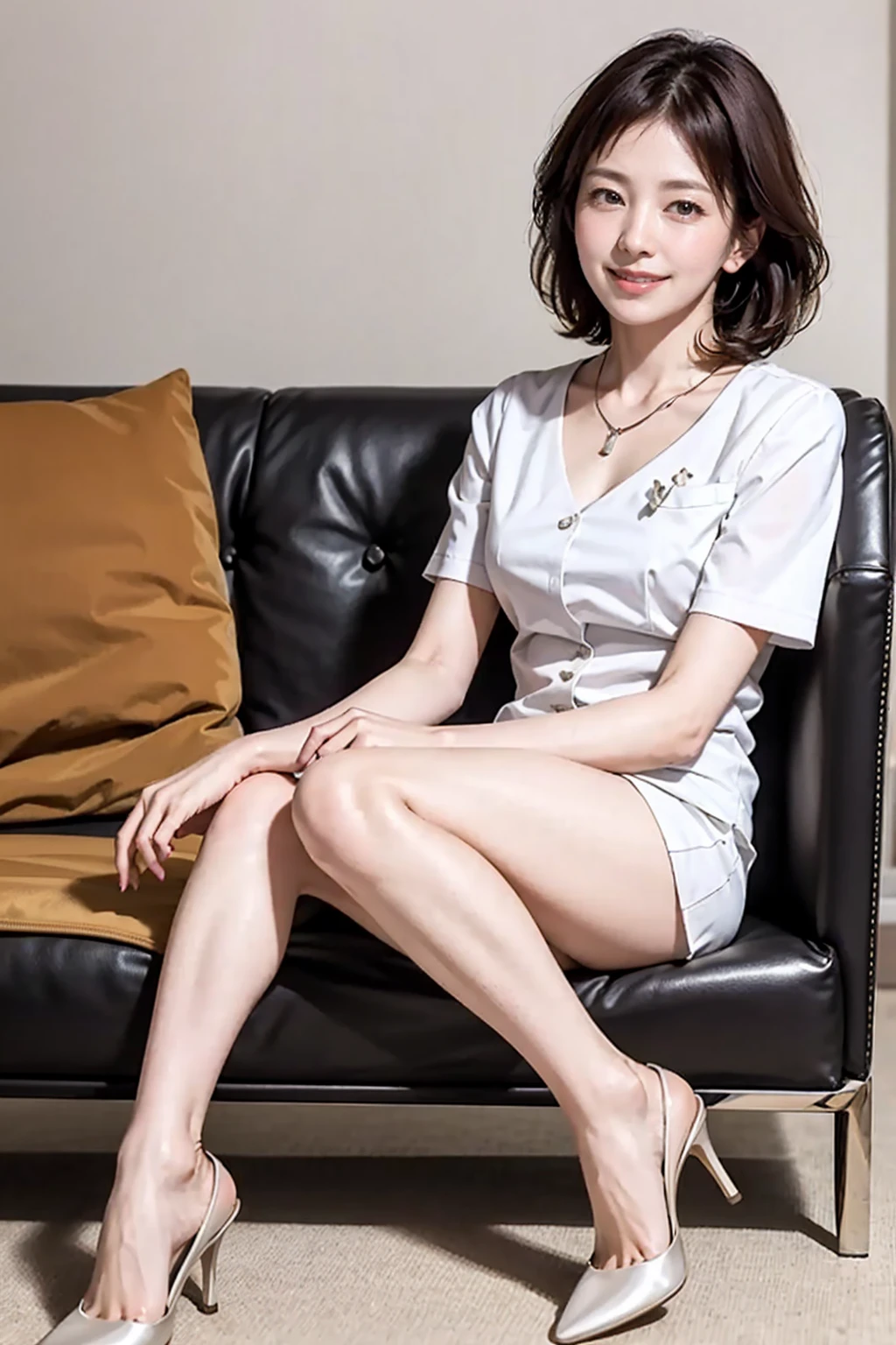 Highest quality, Pieces fly, Realistic, High resolution, 8K RAW Photos,alone, One girl, 30 years old、Sitting cross-legged on the sofa、smile、look at me、suit、High heels