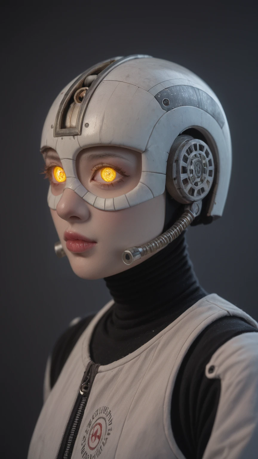 realistic,score_9, score_8_up, score_7_up, 1girl,solo,cowboy shot, robotic figure, prominent helmet, weathered, rusted, large circular eyes, glowing, enigmatic, haunting, patchwork body, mechanical parts, gears, tubes, aged metals, corroded materials, Side view
