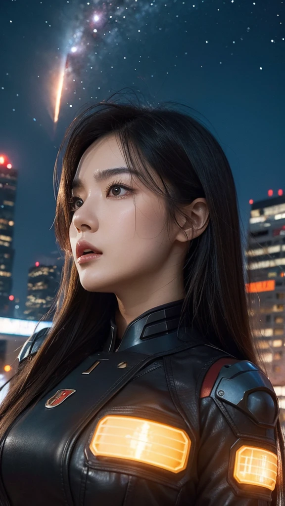 big breasted mech girl, hot face, city war, between building, meteor attack, galaxy,