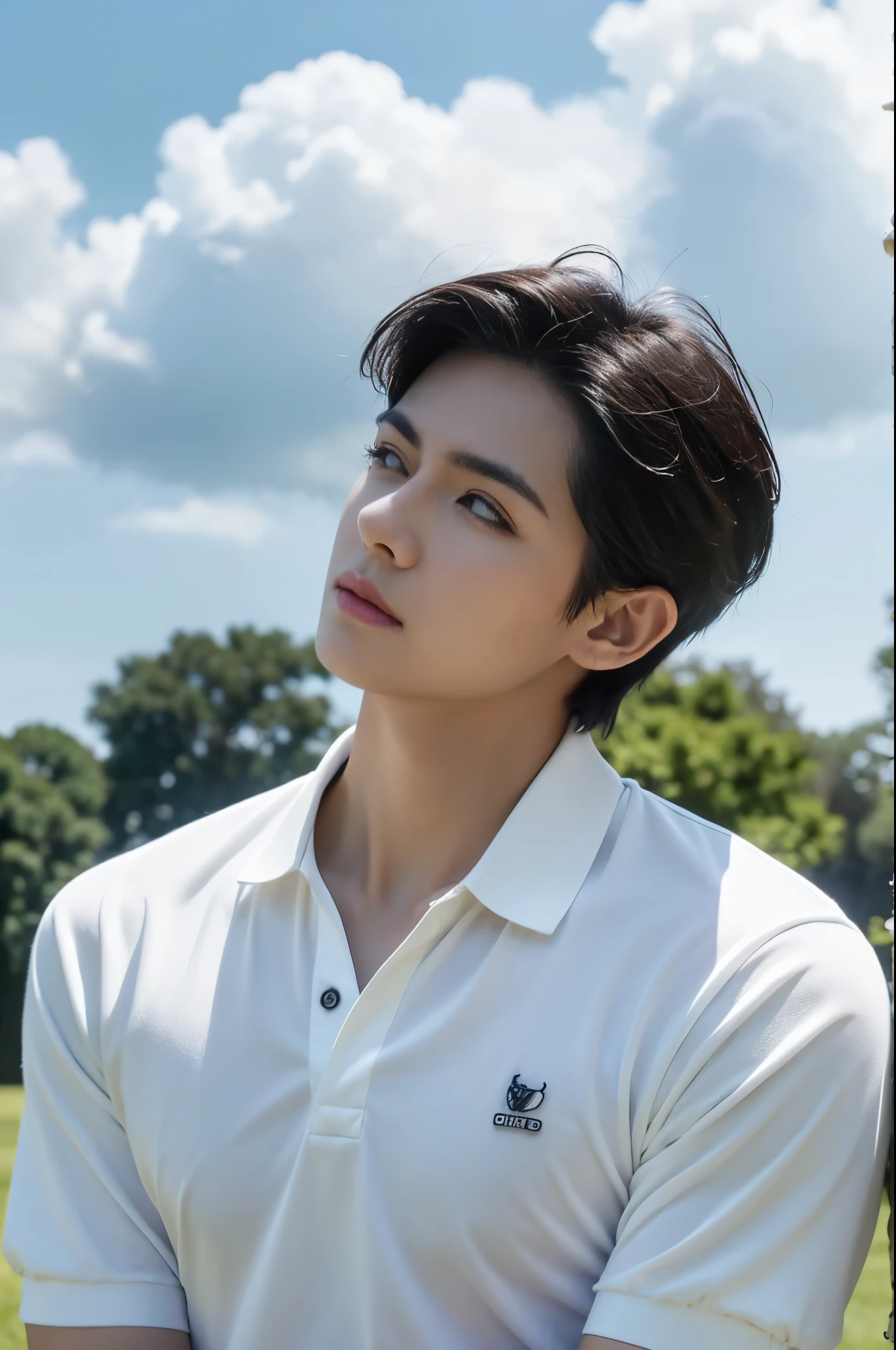 Young man in a white polo shirt Standing on the edge of the meadow with an expression on his face, looking into the distance Turn your head slightly.，Cloudy day, coffee shop