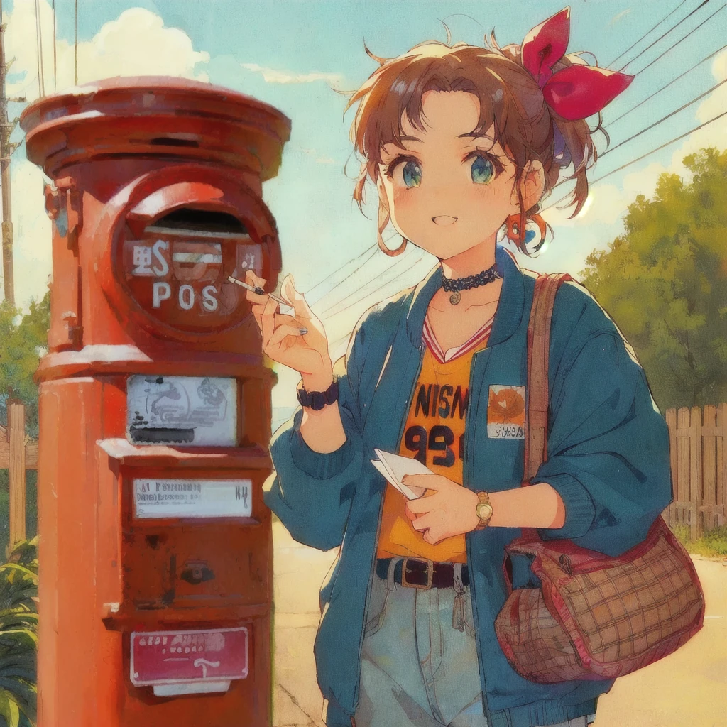 Anime girl with a cigarette and a letter by an old post box, Scrap delivery service, Retro Anime Girls, Realistic Anime 3D Style, Lo-fi Girl, artwork in the style of Gwaiz, Gwaiz, Anime Style 4 k, 80年代のAnime Style, Anime Style illustration, Artjam and Athi Gairan, Anime Style. 8K