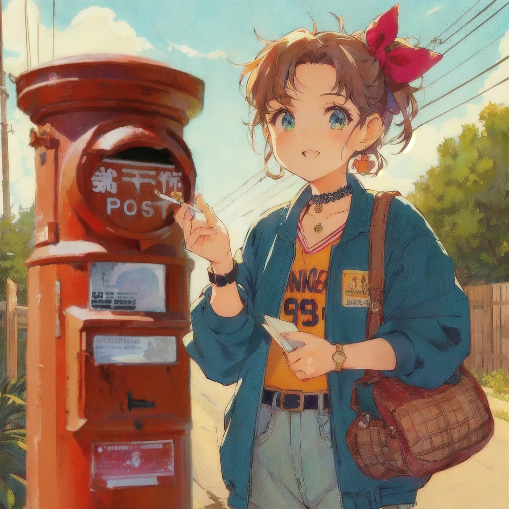 Anime girl with a cigarette and a letter by an old post box, Scrap delivery service, Retro Anime Girls, Realistic Anime 3D Style, Lo-fi Girl, artwork in the style of Gwaiz, Gwaiz, Anime Style 4 k, 80年代のAnime Style, Anime Style illustration, Artjam and Athi Gairan, Anime Style. 8K