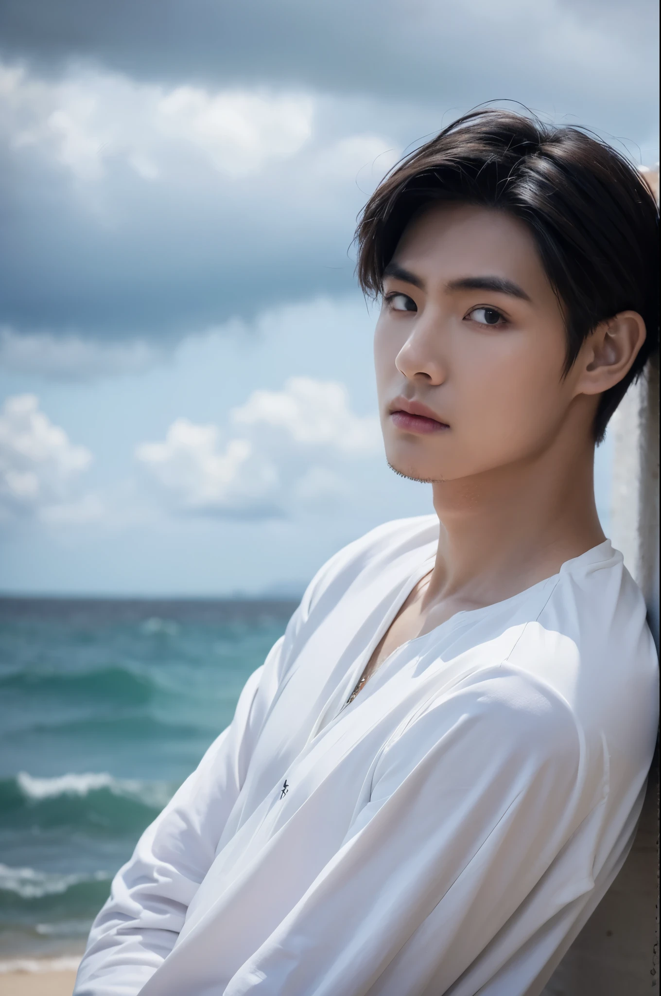 A young man in a shirt stood by the sea with a serious expression., looking into the distance,Eyebrows frowned.,He looked worried.,Turn your head slightly.,Cloudy day