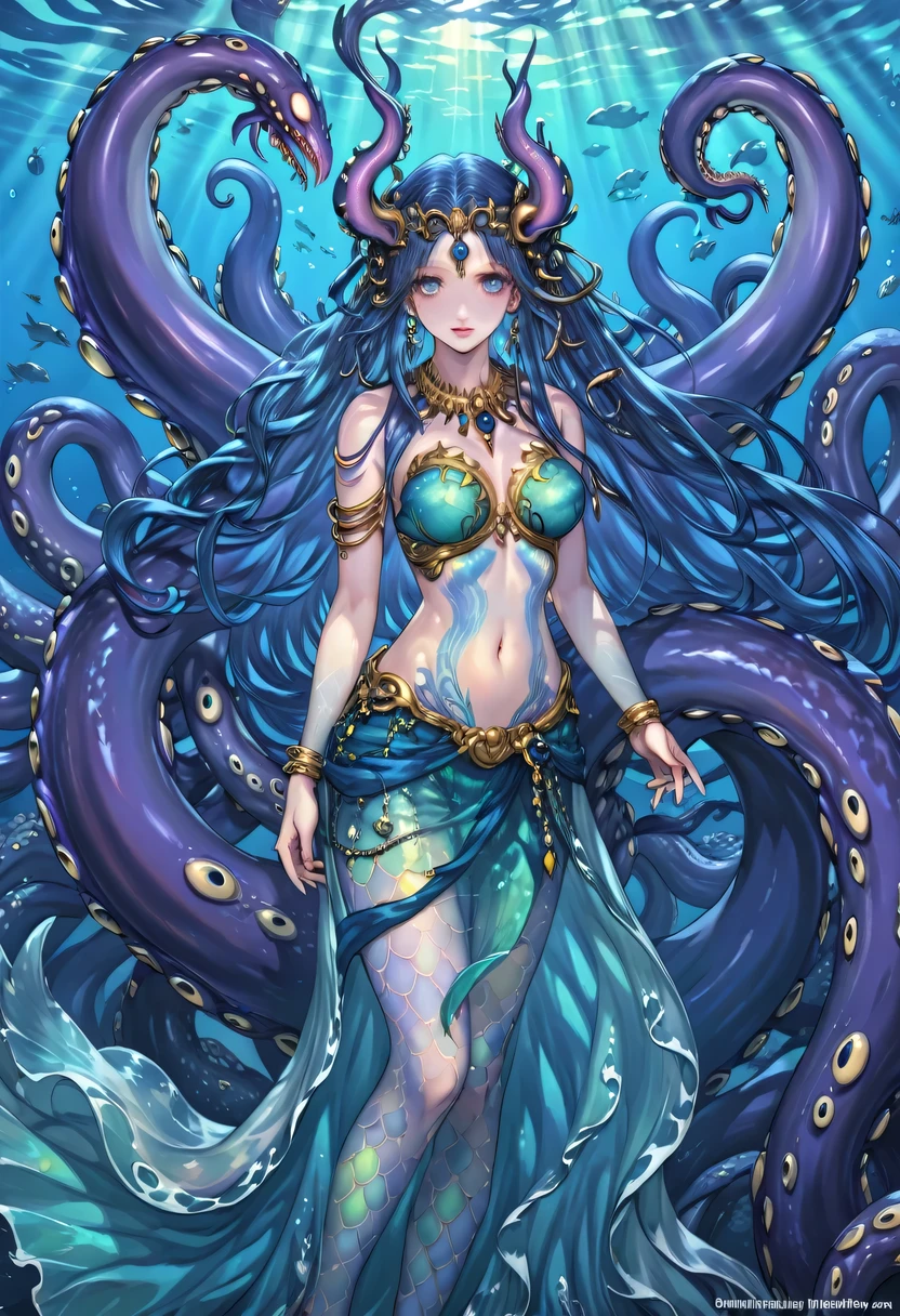[translucent:opal:0.5], Reflective Transparent Opaque See-through Sarong, squats, Long hair, White long hair，Mermaid, Goddess of the sea, Ocean Goddess，Tentacles, Full face blush, Intricate details, light, excellent quality, Amazing shadows, Detailed description, Official Artwork, wallpaper, Official Art, Extremely detailed eyes and face, Beautiful and delicate eyes, black eyes, ((masterpiece, best quality)), from the side, whole body, Hook of Holland, Umbilical cord