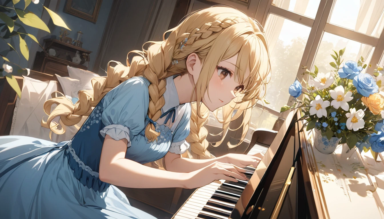 (Highest quality)A blonde girl with long curly hair and brown eyes、Wearing a beautiful blue dress and playing the piano in the morning。. She has flowers and braids in her hair