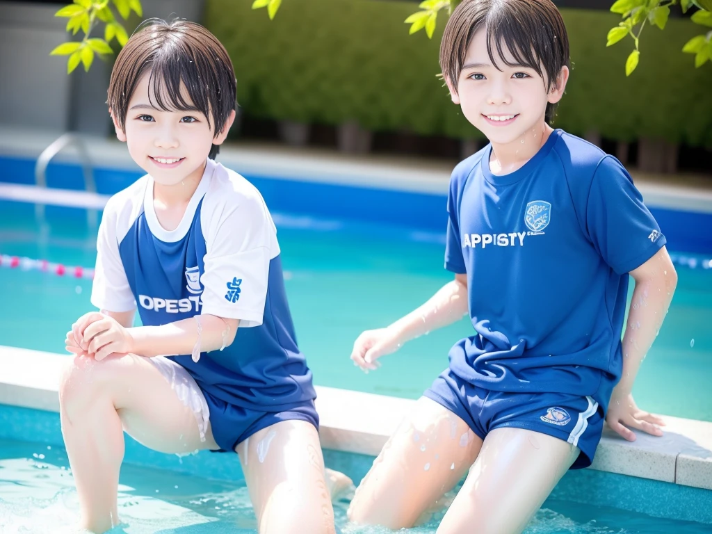 hot summer、primary school、Summer swimming pool、Have fun、Get wet all over、Japan Boy、Glowing water splashes、Pool lessons、Boy playing in water、The happy boys、Strong sunlight、Short sleeve gym uniform、Blue shorts、barefoot，Boys only 、１０age、high resolution、masterpiece