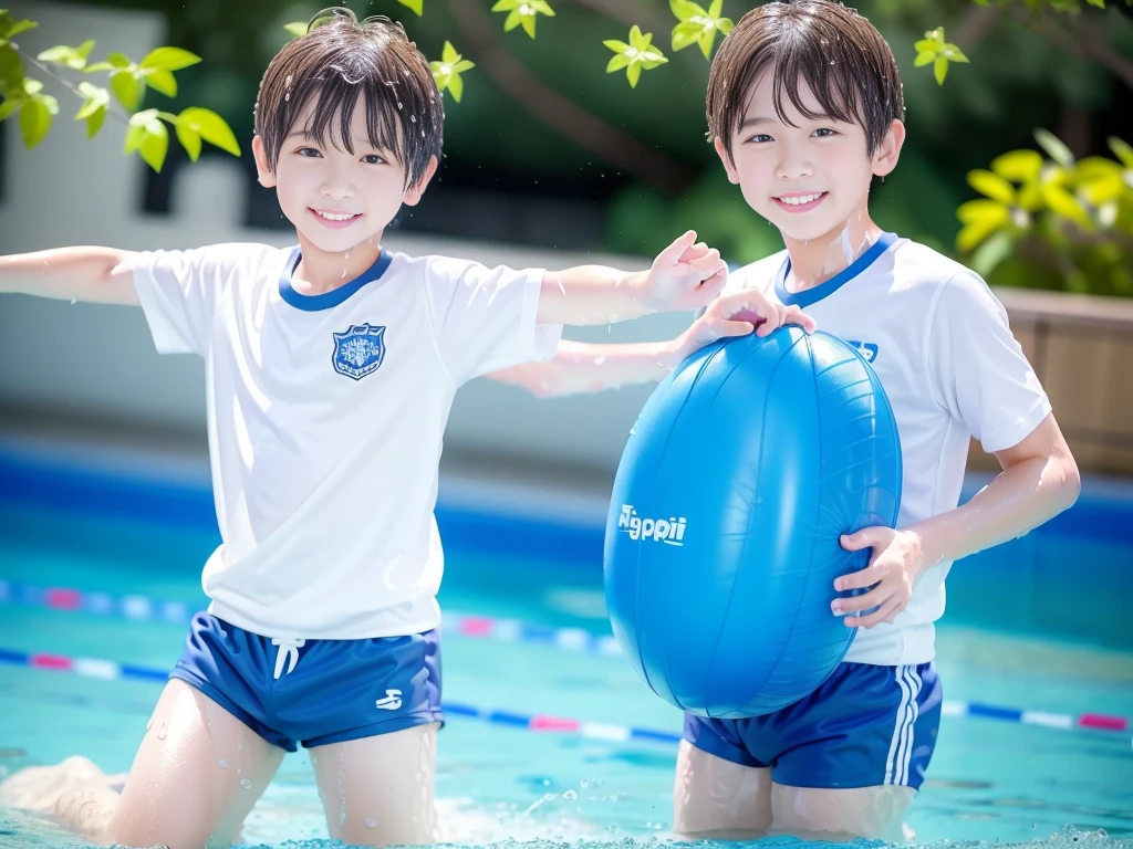 hot summer、primary school、Summer swimming pool、Have fun、Get wet all over、Japan Boy、Glowing water splashes、Pool lessons、Boy playing in water、The happy boys、Strong sunlight、Short sleeve gym uniform、Blue shorts、barefoot，Boys only 、１０age、high resolution、masterpiece