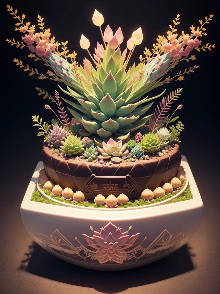 Japanese bento cake with various echeverias, full body, distant shot, wide view, pastel coloured, intricate shapes, bizarre splendid masterpiece, transparent, translucent, vector graphics, high definition, high quality, high resolution, high detailisation, intricate details, bohemian, dark botanical, dark fantasy, professional photo