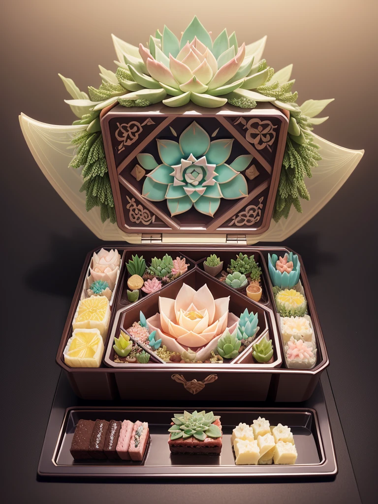 Japanese bento cake with various echeverias, full body, distant shot, wide view, pastel coloured, intricate shapes, bizarre splendid masterpiece, transparent, translucent, vector graphics, high definition, high quality, high resolution, high detailisation, intricate details, bohemian, dark botanical, dark fantasy, professional photo