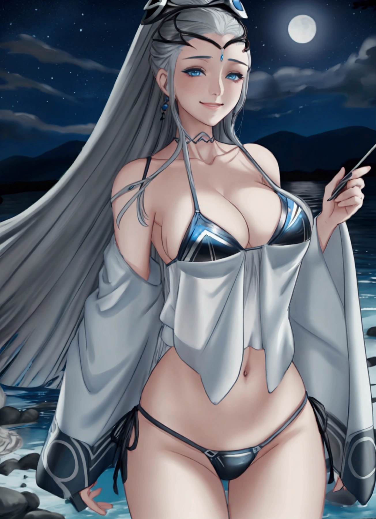 Eir a gray haired blue eyed woman smiling wearing a bikini at night in a river 