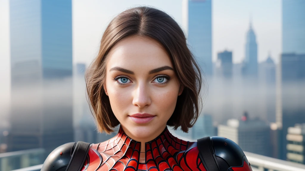 (1girl:1.3), Solo, (((Very detailed face)))), ((Very detailed eyes and face)))), Beautiful detail eyes, Body parts__, Official art, Unified 8k wallpaper, Super detailed, beautiful and beautiful, beautiful, masterpiece, best quality, original, masterpiece, super fine photo, best quality, super high resolution, realistic realism, sunlight, full body portrait, amazing beauty, dynamic pose, delicate face, vibrant eyes, (from the front), She wears Spider-Man suit, red and black color scheme, spider, very detailed city roof background, rooftop, overlooking the city, detailed face, detailed complex busy background, messy, gorgeous, milky white, highly detailed skin, realistic skin details, visible pores, clear focus, volumetric fog, 8k uhd, DSLR, high quality, film grain, fair skin, photo realism, lomography, futuristic dystopian megalopolis, translucent