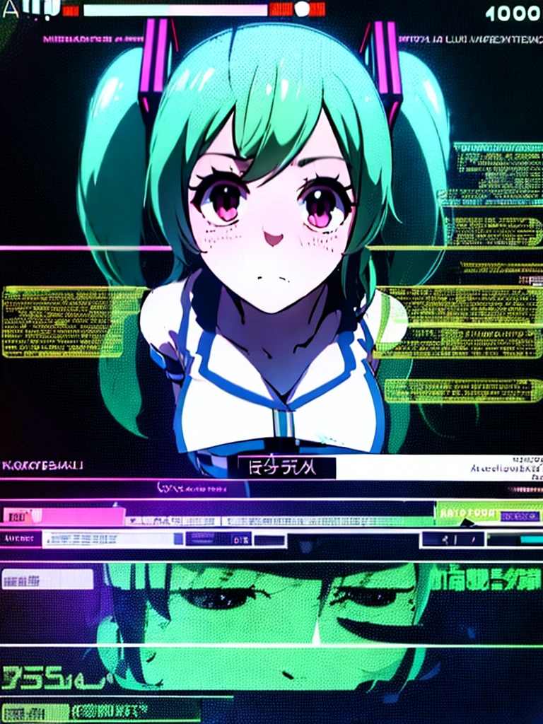 hatsune miku, vocaloid, anime girl, long blue twin tails, beautiful detailed eyes, beautiful detailed lips, extremely detailed face, longeyelashes, intricate clothing, cyberpunk cityscape, neon lights, dramatic lighting, cinematic composition, vibrant colors, (best quality,4k,8k,highres,masterpiece:1.2),ultra-detailed,(realistic,photorealistic,photo-realistic:1.37)