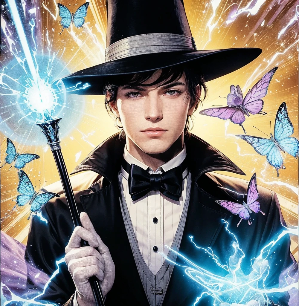 American classic comic book art: Handsome ethereal young man delicate, black short hair bangs, black wizard hat on head, navy black magician outfit Zatanna, fishnet stockings, holding an elegant cane, white gloves, emanating bright blue magic, yellow pink energy, white eyes, sorcerer magician, beautiful thighs, very young face man, lilac light magical butterflies, Magic of Imagination, casting spell, medieval castle, classic comic book
