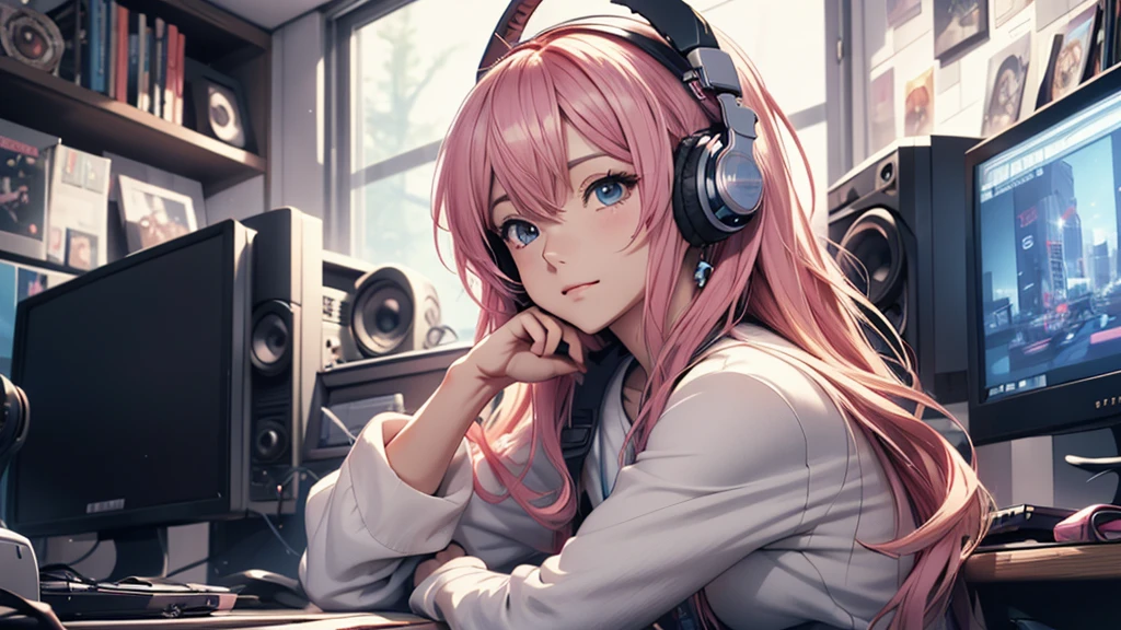 Woman wearing headphones, Anime Style 4 k, anime wallpaper 4k, anime wallpaper 4k, 4k anime wallpaper, anime art wallpaper 4k, anime art wallpaper 4k, Anime Style. 8K, Anime atmosphere, , Ultra HD Anime Wallpaper, Anime Art Wallpaper 8K, Anime Background,landscape、room、radio、radio、radioを聴いている