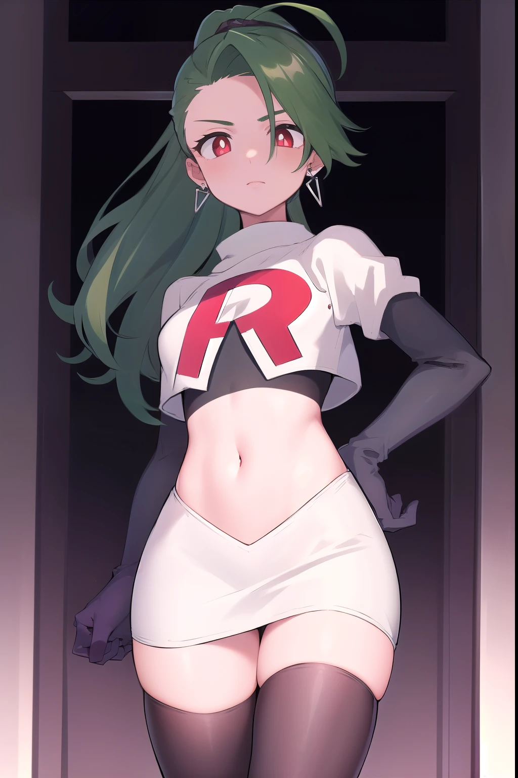 absurdres, best quality, 1girl, solo, eye focus, looking at viewer,  rika, ahoge, ponytail, bright pupils, white pupils, earrings, green hair, red eyes, bright pupils, team rocket,team rocket uniform,white skirt,red letter R,crop top,black thigh-highs,black elbow gloves