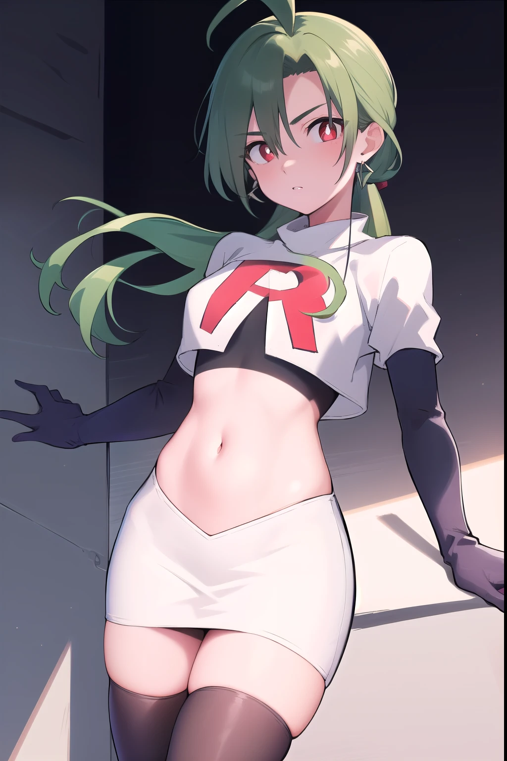 absurdres, best quality, 1girl, solo, eye focus, looking at viewer,  rika, ahoge, ponytail, bright pupils, white pupils, earrings, green hair, red eyes, bright pupils, team rocket,team rocket uniform,white skirt,red letter R,crop top,black thigh-highs,black elbow gloves