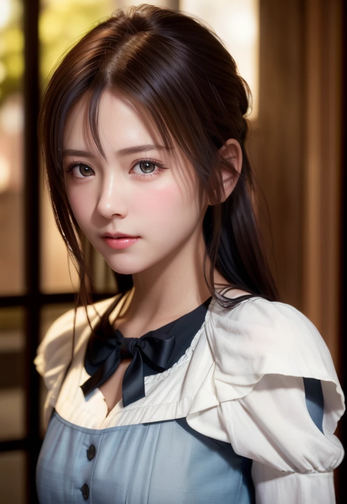 8K, of the highest quality, masutepiece:1.2), (Realistic, Photorealsitic:1.37), of the highest quality, masutepiece, Beautiful young woman, Pensive expression,、A charming、and an inviting look, Cute Maid Clothes, Hair tied back, Cinematic background, Light skin tone