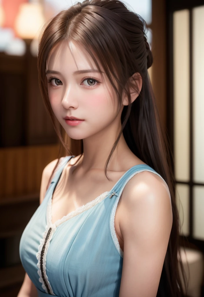 8K, of the highest quality, masutepiece:1.2), (Realistic, Photorealsitic:1.37), of the highest quality, masutepiece, Beautiful young woman, Pensive expression,、A charming、and an inviting look, Cute Maid Clothes, Hair tied back, Cinematic background, Light skin tone