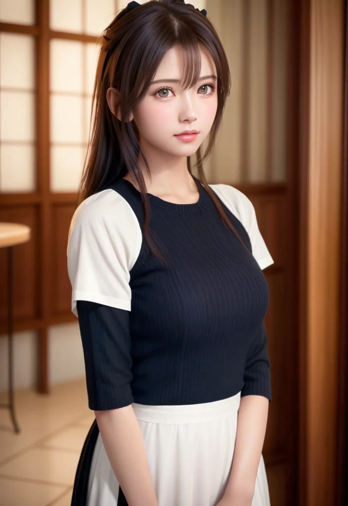 8K, of the highest quality, masutepiece:1.2), (Realistic, Photorealsitic:1.37), of the highest quality, masutepiece, Beautiful young woman, Pensive expression,、A charming、and an inviting look, Cute Maid Clothes, Hair tied back, Cinematic background, Light skin tone