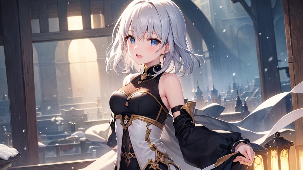 super high quality, with a girl, 20-year-old, very short hair, long bangs between the eyes, pale blue eyes , blue sky, sunlight, very detailed,(masterpiece、highest quality)、alone、gray hair、laughter、White skin as clear as snow、fantasy, silver hair, black eye, beautiful eyes,, ecstasy, charm, be smitten with audience, Fantasy landscape、evening