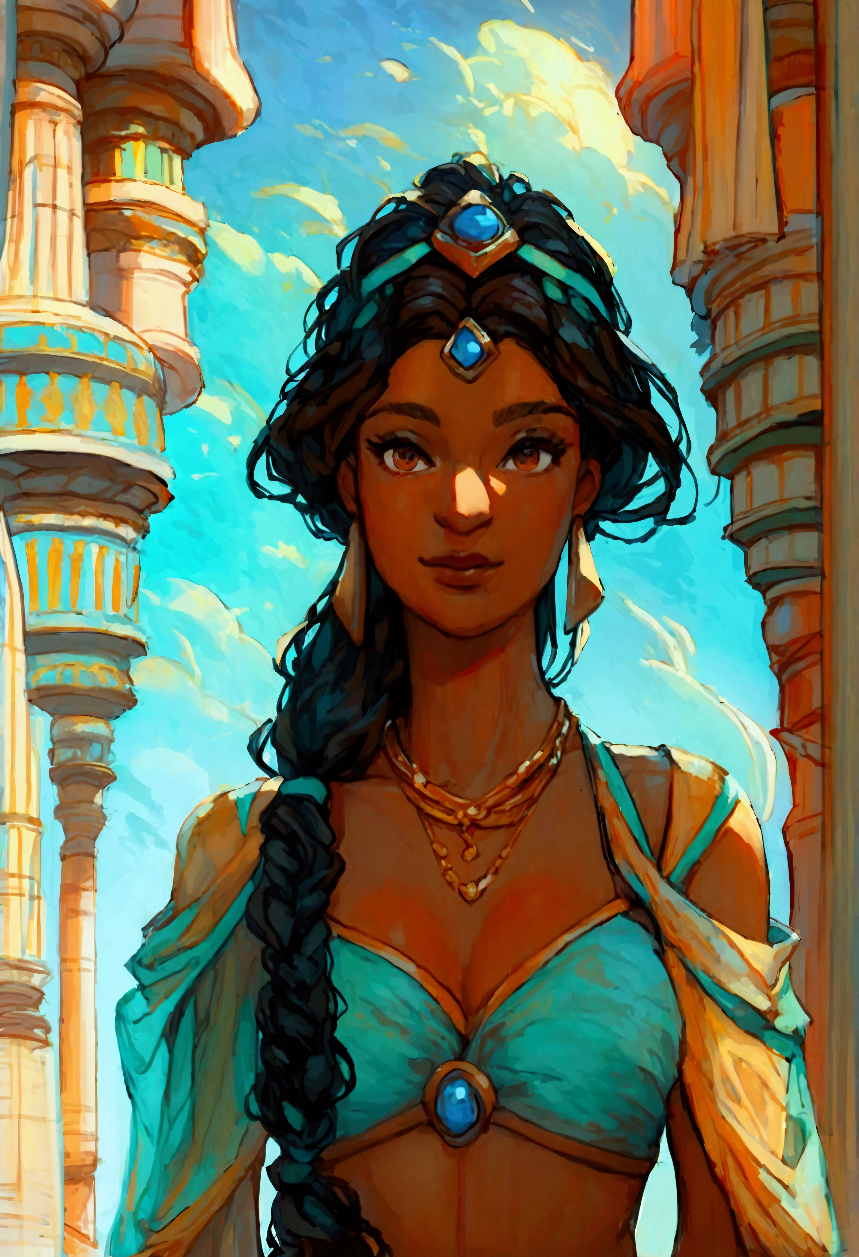 score_9, score_8_up, score_7_up, (solo close-up of Princess Jasmine:1.5) on balcony of (Arabian palace:1.2), dark-skinned (gentle:1.1) beauty, ornate columns, starlit romantic sky, (architecture with intricate design and verdant vegetation:1.1), bright colors, (cartoon artstyle with bold lines:1.3), (warm ambient:1.2), rating_safe.