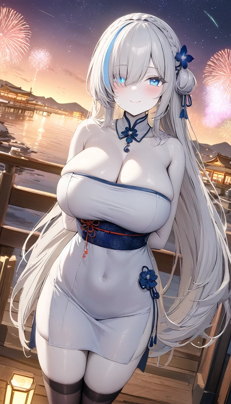 (masterpiece, high quality, high detail, 4k, rtx, high resolution:1.2),blue_streaked_hair,hair_over_one_eye, blue_eyes,very long hair,braid,white hair_ornament,white skin,black nail_polish,aged_down, solo,1girl, aerial_fireworks, architecture, aurora, bridge, building, city_lights, cityscape, cloud, constellation, crescent_moon, earth_(planet), east_asian_architecture, festival, fireflies, fireworks, flower, fountain, full_moon, galaxy, hair_ornament, horizon,(white dress, china_dress, sexy pose:1.2), thighs, thighhighs,(strapless:1.2), (beautiful huge breasts:1.2),lantern, light_particles, looking_at_viewer, milky_way, moon, moonlight, night, night_sky, obi, onsen, outdoors, paper_lantern, planet, reflection, sash, shooting_star, sky, skyline, skyscraper, smile, snow, snowing, solo, space, sparkle, standing, star_(sky), star_(symbol), starry_background, starry_sky, starry_sky_print, summer_festival, sunrise, tanzaku, telescope, torii, tower, twilight,wading, water,arms behind back,finger polish