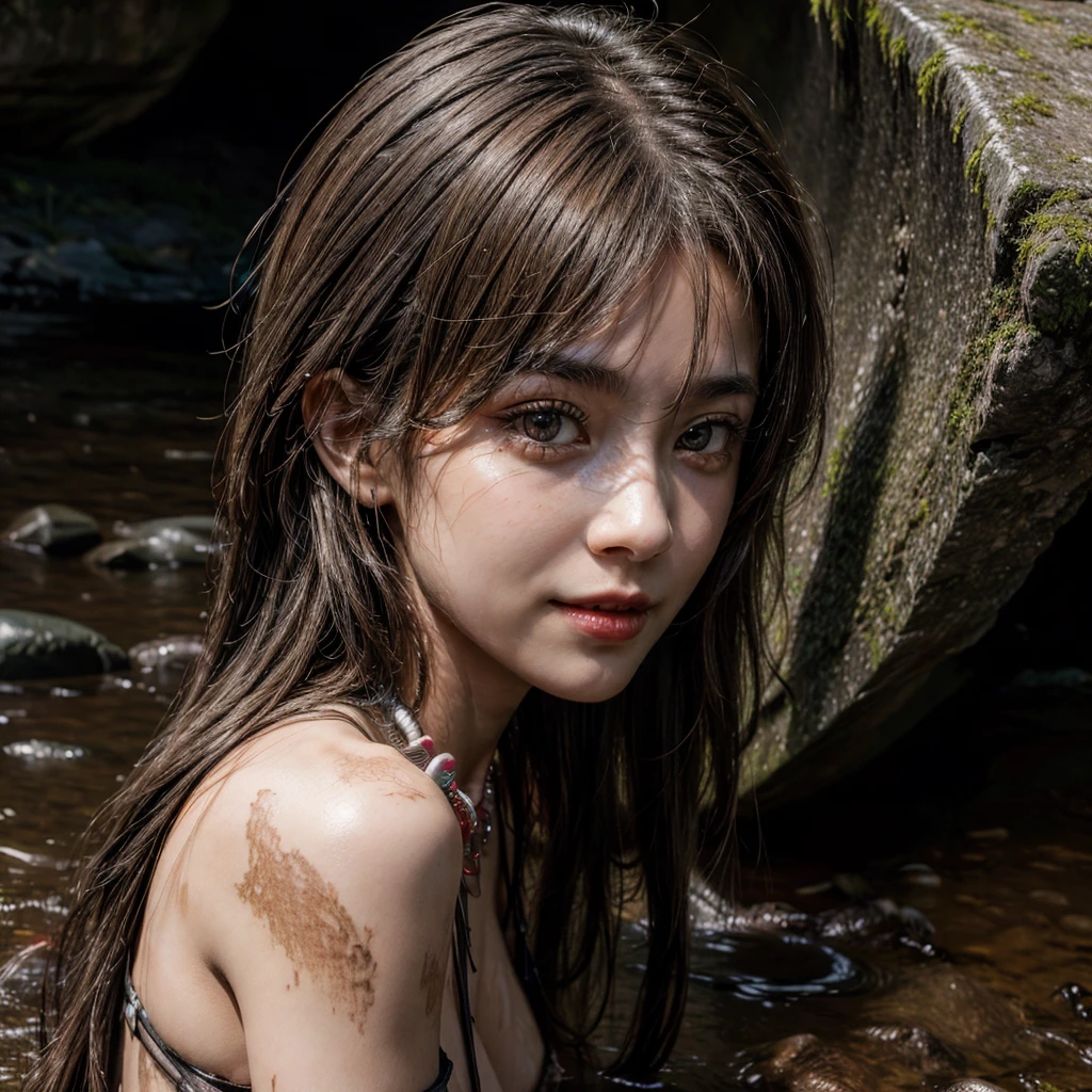 (msterpiece:1.3), (8k, RAW photo, best quality: 1.4), beautiful face, beautiful hairstyle, beautiful detailed eyes, beautiful skin, ultra high res, highly detailed,NSFW, 3 girls in abandoned underground sewer, big breast,facial close up,necklace,arms behind back,evil smile,knife,light long hair, ultra detailed skin,Heavy makeup, flower hairpin, naked,colorful patterned lace dress,half body,muddy water on ground,sitting on a big rock, dirty rock,