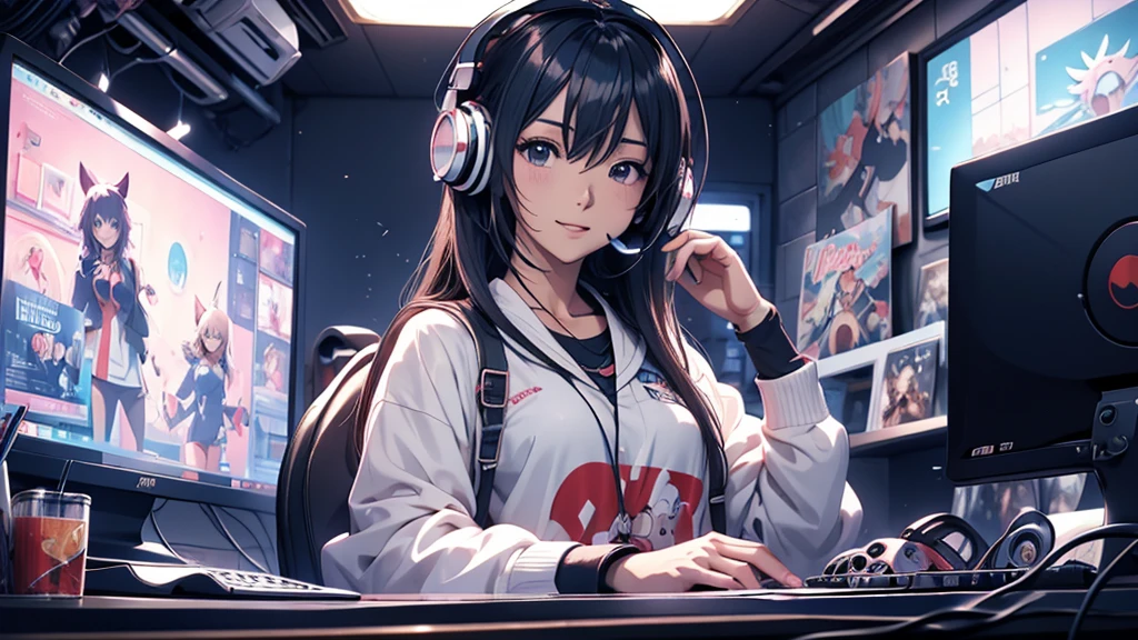 Woman wearing headphones, Anime Style 4 k, anime wallpaper 4k, anime wallpaper 4k, 4k anime wallpaper, anime art wallpaper 4k, anime art wallpaper 4k, Anime Style. 8K, Anime atmosphere, , Ultra HD Anime Wallpaper, Anime Art Wallpaper 8K, Anime Background,landscape、room、radio、radio、radioを聴いている、night