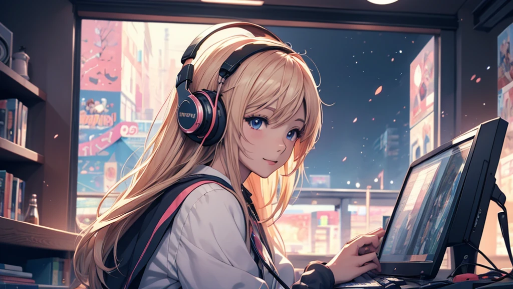 Woman wearing headphones, Anime Style 4 k, anime wallpaper 4k, anime wallpaper 4k, 4k anime wallpaper, anime art wallpaper 4k, anime art wallpaper 4k, Anime Style. 8K, Anime atmosphere, , Ultra HD Anime Wallpaper, Anime Art Wallpaper 8K, Anime Background,landscape、room、radio、radio、radioを聴いている、night