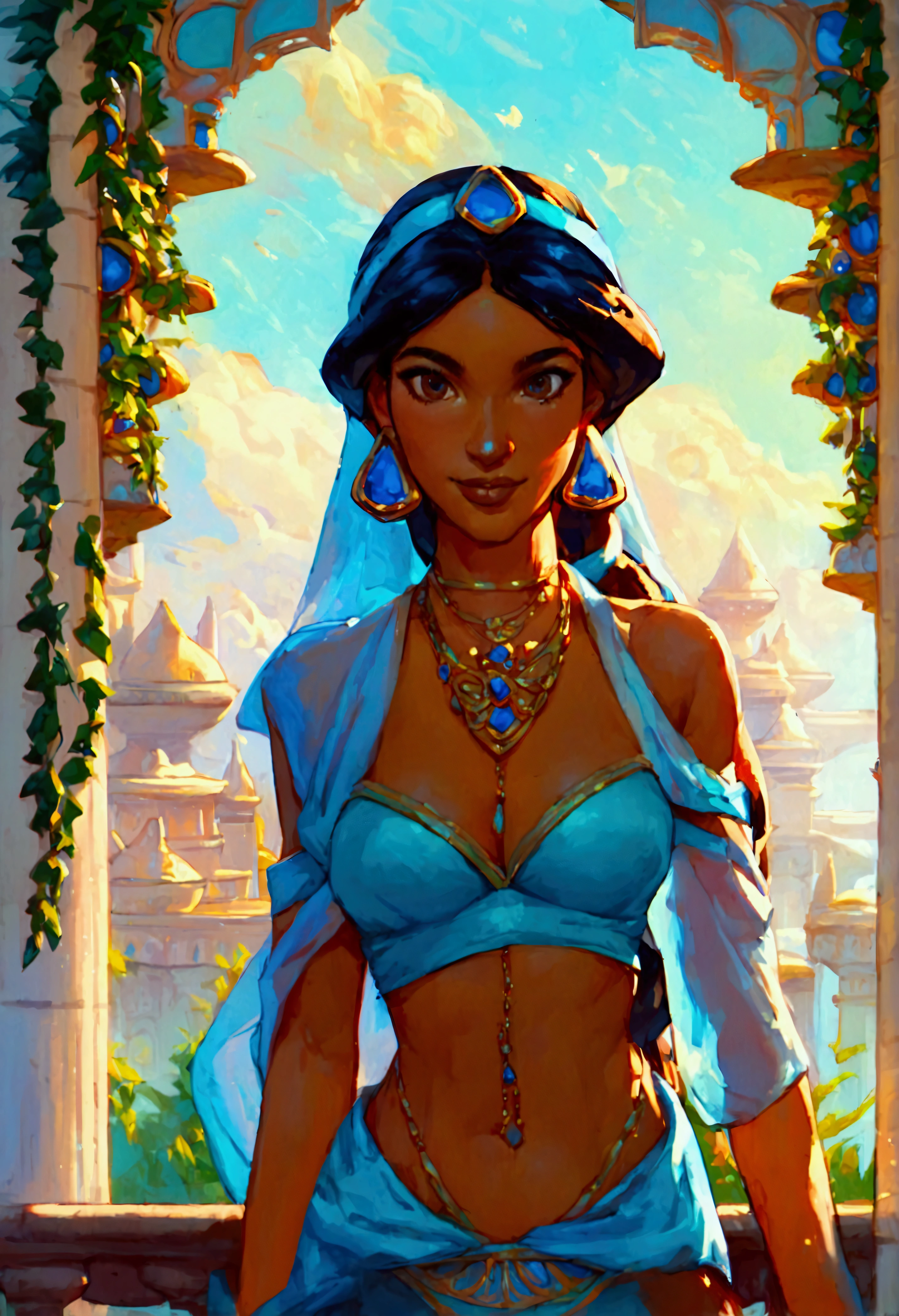 score_9, score_8_up, score_7_up, (solo close-up of Princess Jasmine:1.5) in (dynamic pose:1.0) on balcony of (Arabian palace:1.2), dark-skinned beauty, perfect face, ornate columns, starlit romantic sky, (architecture with intricate design and verdant vegetation), bright colors, (cartoon artstyle with bold lines:1.3), (warm ambient:1.2), rating_safe.