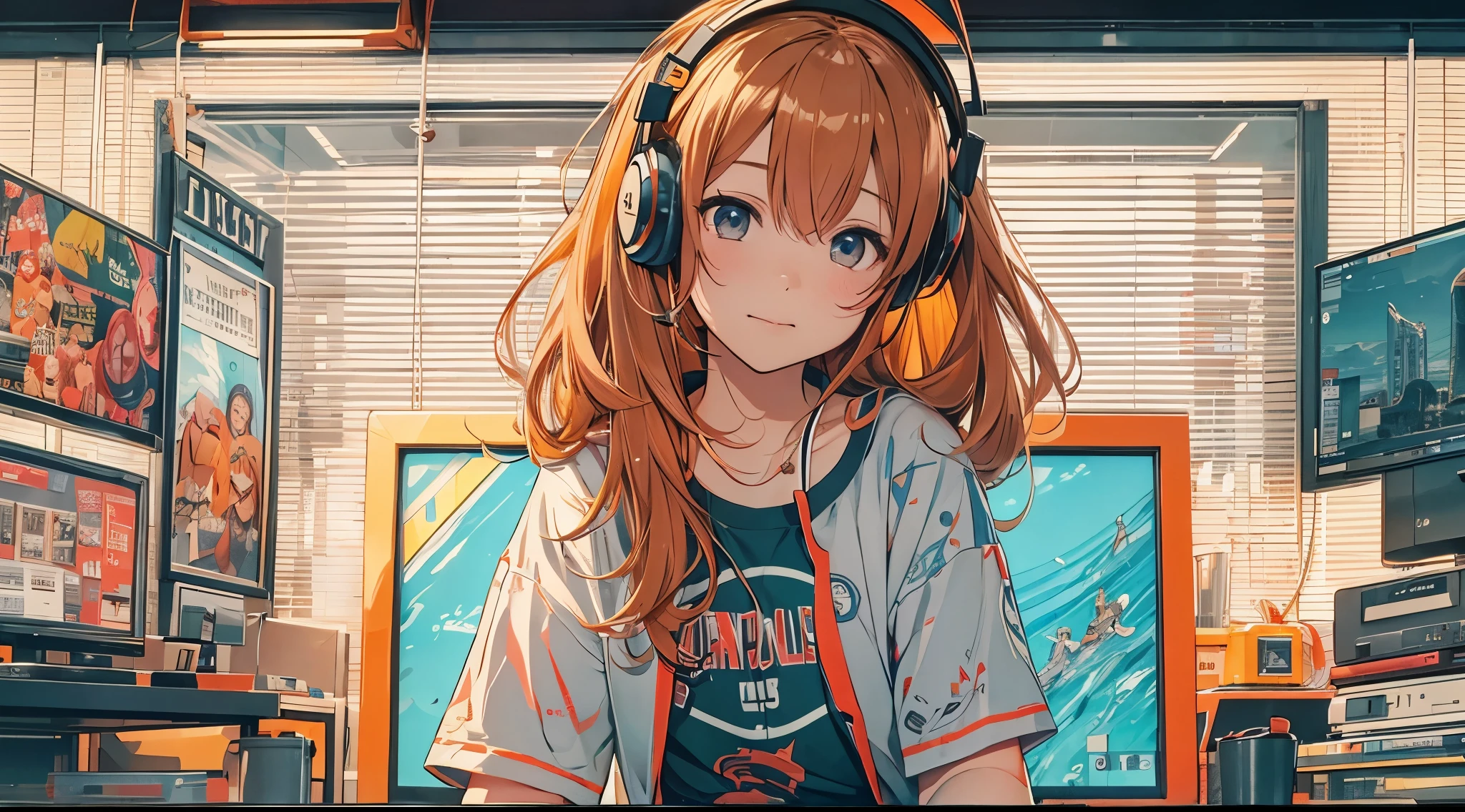 high resolution、One Girl、Wearing headphones、Logo T-shirt and hot pants、In the girl&#39;s room、Studying on a computer、Large monitor、Vibrant colors、Vivid Color、Warm shades、Full body images、Orange long hair、