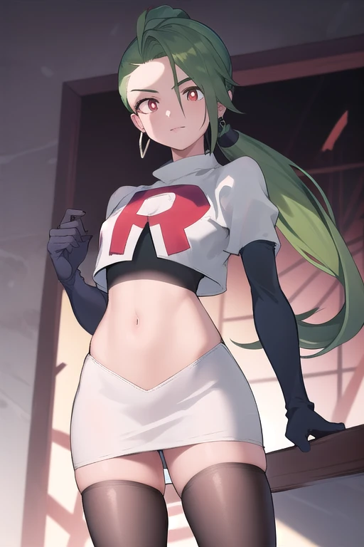 absurdres, best quality, 1girl, solo, eye focus, looking at viewer,  rika, ahoge, ponytail, bright pupils, white pupils, earrings, green hair, red eyes, bright pupils, team rocket,team rocket uniform,white skirt,red letter R,crop top,black thigh-highs,black elbow gloves