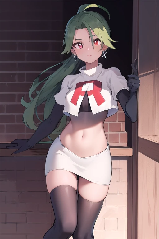 absurdres, best quality, 1girl, solo, eye focus, looking at viewer,  rika, ahoge, ponytail, bright pupils, white pupils, earrings, green hair, red eyes, bright pupils, team rocket,team rocket uniform,white skirt,red letter R,crop top,black thigh-highs,black elbow gloves