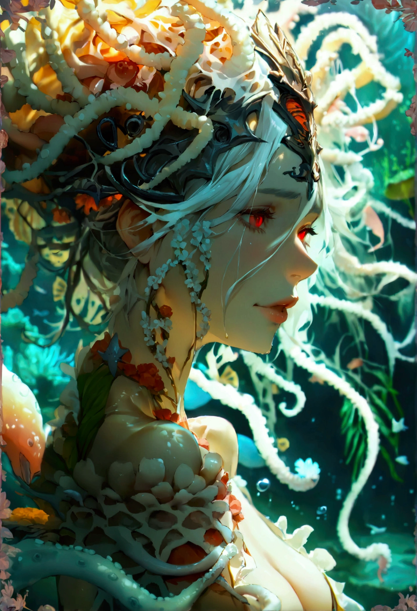 ((masterpiece)), ((best quality)), (Extremely detailed),(Under the Sea),(night),(Marine Life)(A mature woman,elder sister, Solitary),slim的, slim,Beautiful white hair, Red eyes,There are many tentacles,bust,