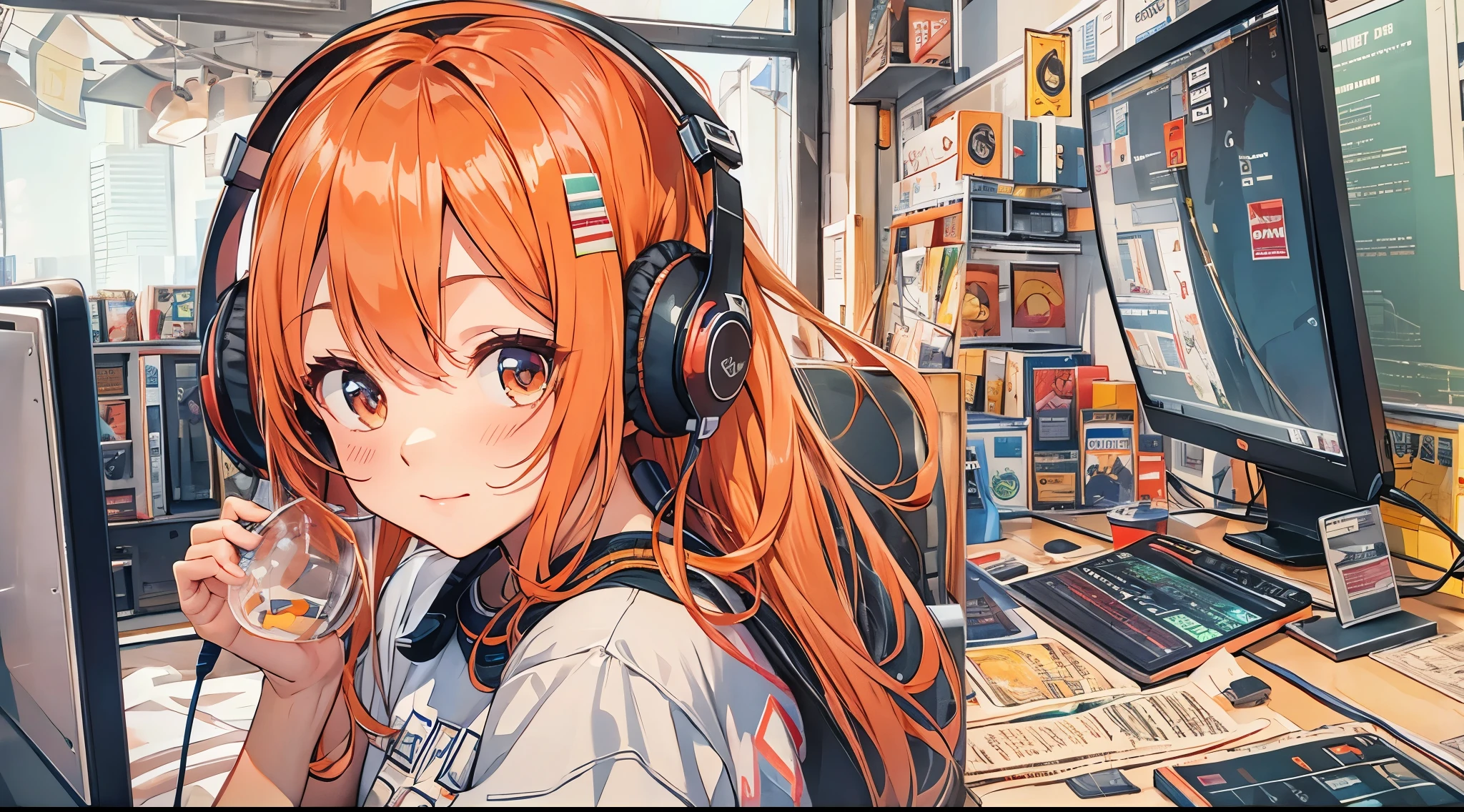 high resolution、One Girl、Wearing headphones、Logo T-shirt and hot pants、In the girl&#39;s room、Studying on a computer、Large monitor、Vibrant colors、Vivid Color、Warm shades、Full body images、Orange long hair、