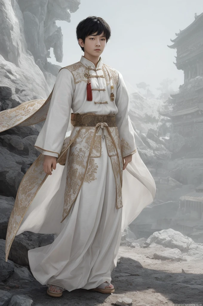 a boy, ancient chinese costume, full body, sunlight, clear face, clean white background, masterpiece, super detail, epic composition, ultra hd, high quality, extremely detailed, official art, uniform 8k wallpaper, super detail, 32k