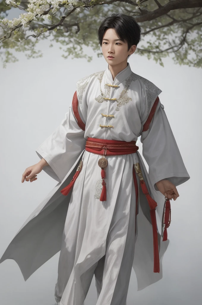 a boy, ancient chinese costume, full body, sunlight, clear face, clean white background, masterpiece, super detail, epic composition, ultra hd, high quality, extremely detailed, official art, uniform 8k wallpaper, super detail, 32k