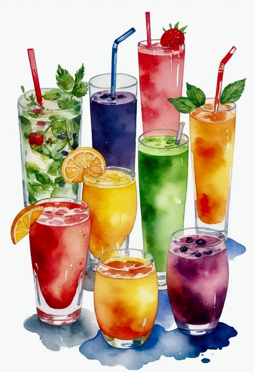 there are many types of colorful healthy drinks served in glasses, the glasses sitting on a surface, juices, smoothie and infused water , illustration, isolated with solid white background, surrounded with negative space, centered composition, highest detailed painting, very precise line, Isolated, clear solid white background, perspective angle of view, ((watercolor:1.5)), (lora:add-detail-xl:1), (masterpiece), (best quality), no bread on the floor, washed out color, (ghibli)