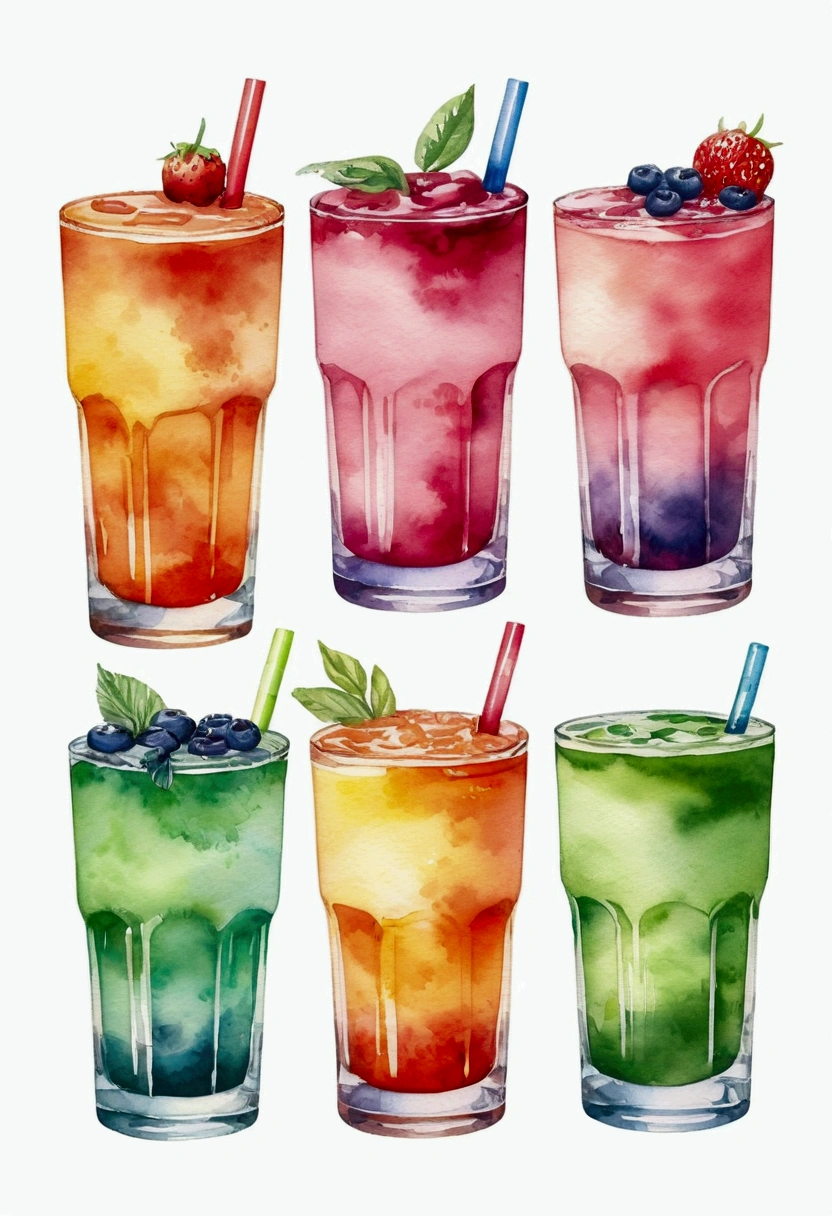 there are many types of colorful healthy drinks served in glasses, the glasses sitting on a surface, juices, smoothie and infused water , illustration, isolated with solid white background, surrounded with negative space, centered composition, highest detailed painting, very precise line, Isolated, clear solid white background, perspective angle of view, ((watercolor:1.5)), (lora:add-detail-xl:1), (masterpiece), (best quality), no bread on the floor, washed out color, (ghibli)