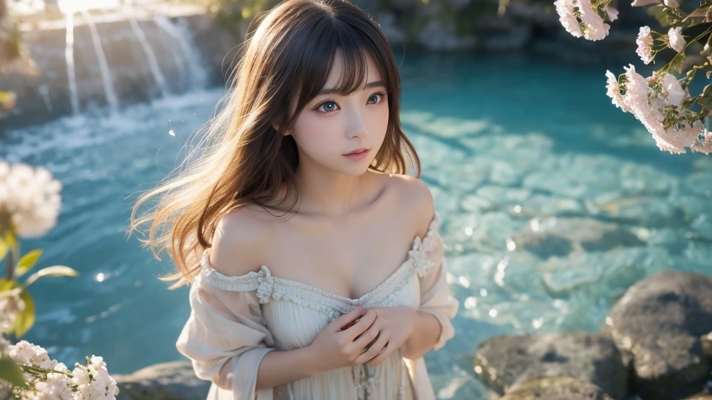 1920×1080、Photogenic reality、Delicate depiction、heaven、Fantasy、A world of light、magic、Wrapped in dazzling light、眩Shiiほどの黄金色の光が降り注ぐ、god々Shii、Fantasy、cute、Beauty、Adult female、Big Eyes、女godの風格、一人の美Shii美の女godの全身の画像を作ってください