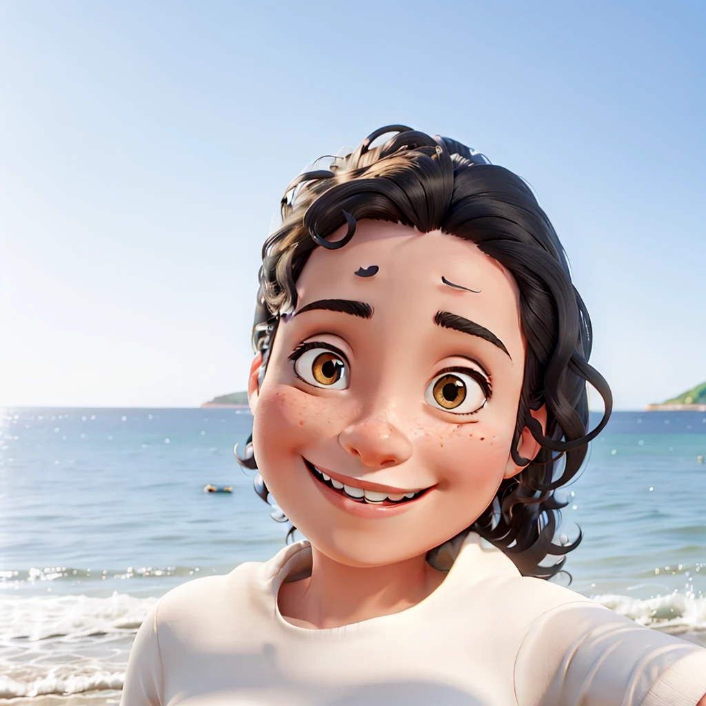 a woman with medium wavy black hair, smiling, on the beach, pixar style, in high definition

