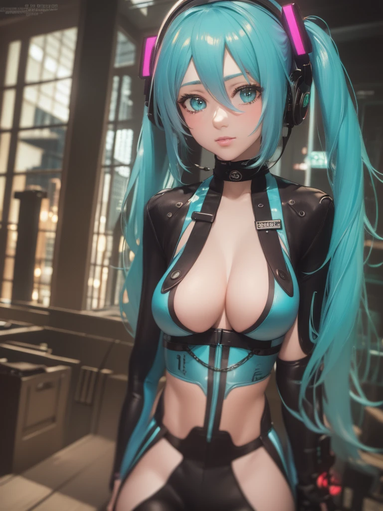 hatsune miku, vocaloid, anime girl, long blue twin tails, beautiful detailed eyes, beautiful detailed lips, extremely detailed face, longeyelashes, intricate clothing, cyberpunk cityscape, neon lights, dramatic lighting, cinematic composition, vibrant colors, (best quality,4k,8k,highres,masterpiece:1.2),ultra-detailed,(realistic,photorealistic,photo-realistic:1.37)